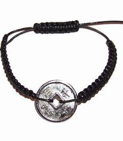 Bratara neagra, reglabila, cu moneda argintie - unisex